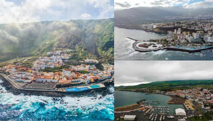 Aerial photos of the study areas. On the left, Garachico, the pilot town of the project. On the right the replica towns, above, Praia da Vitória, Terceira (Azores) and below Puerto de la Cruz, Tenerife (Canary Islands). 